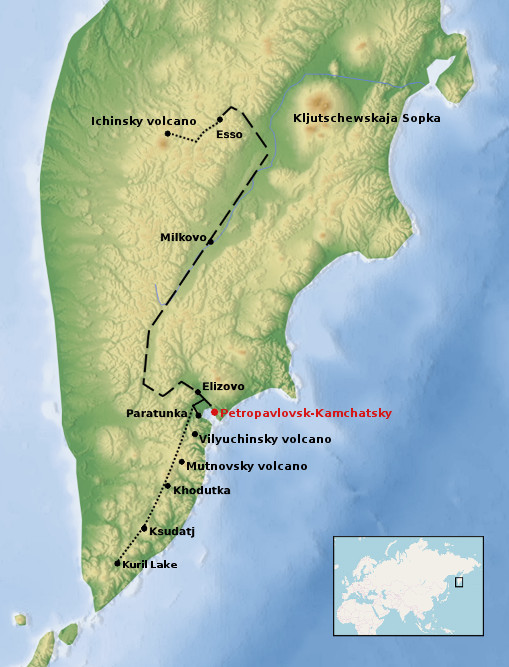 Map showing the southern half of the Kamchatka peninsula
